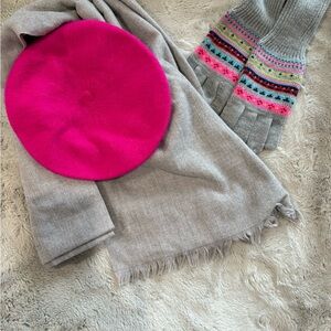 Pink Beret, Gloves and Gray Scarf Set